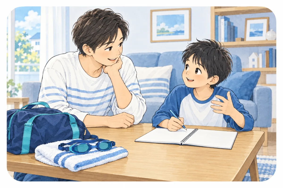 習い事のバッグとノートを前に、今の気持ちを話す親子のイメージ