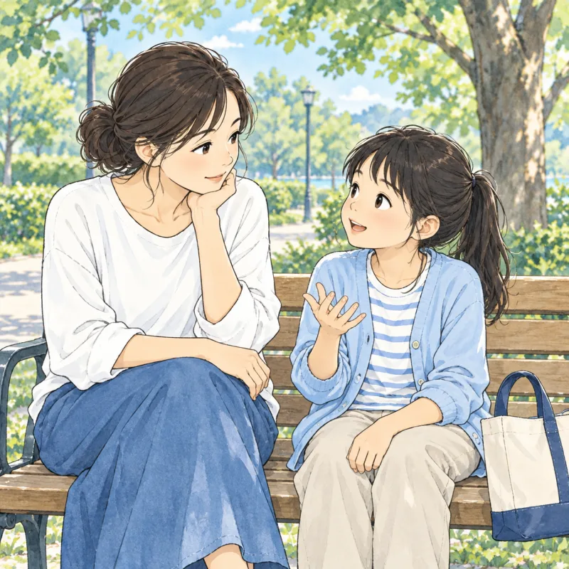 公園のベンチで習い事について話す子どもと、隣で聞く母親のイメージ