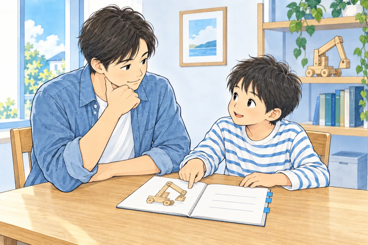 通い方を相談した後、親子でメモを見返すイメージ