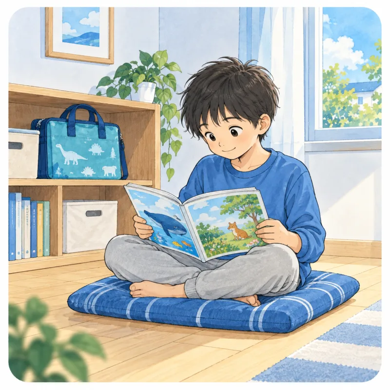 予定のない時間にクッションで本を読む子どものイメージ