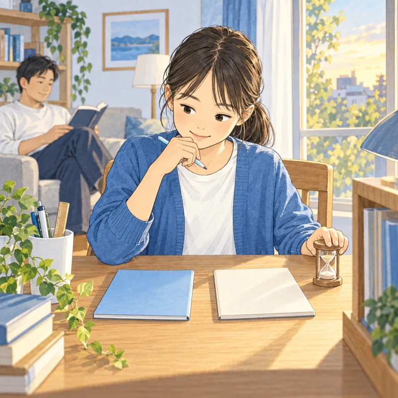 自分で教材を選ぶ子どもと、近くで別のことをしながら待つ大人の創作場面
