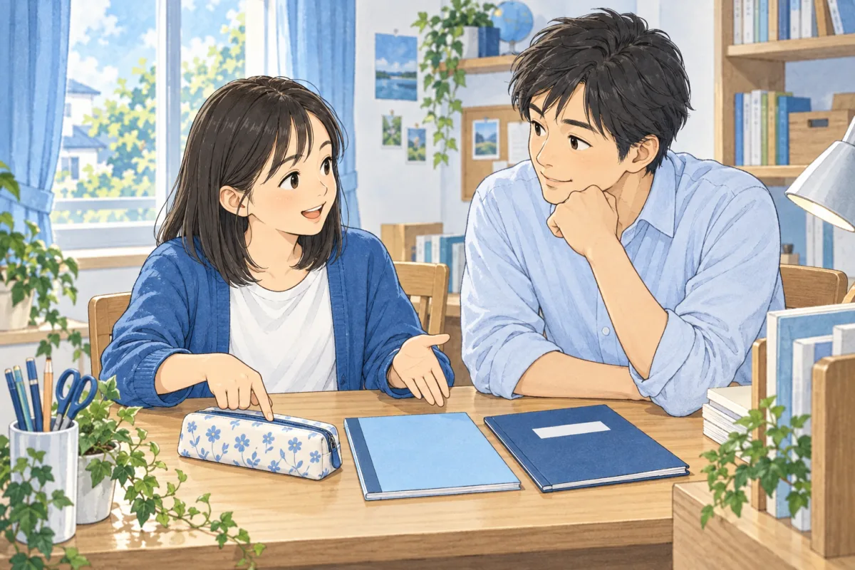 学習の進め方について、自分の希望を父親へ説明する小学生のイメージ