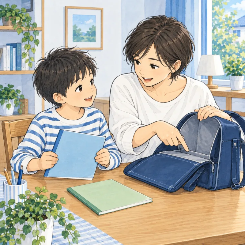 必要な教材を子ども自身が持ち、大人と一緒に準備を確かめる創作場面