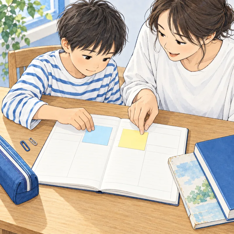 これまでとこれからの学習の進め方を、親子の手元のメモで比べるイメージ