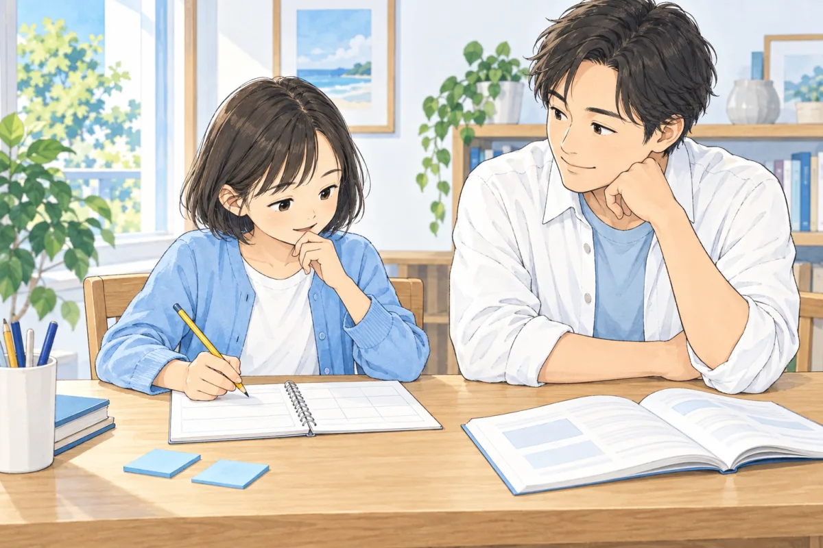 ノートを前に次の目当てを考える子どもと、話を聴く父親の創作場面