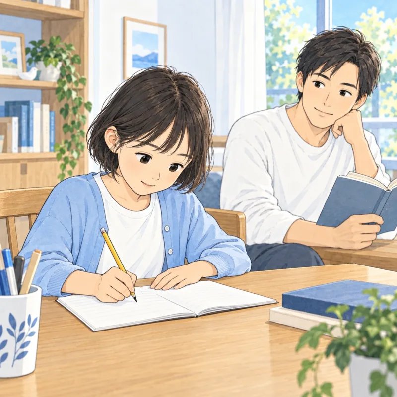 見直した範囲に取り組む子どもを、少し離れた位置から見守る父親のイメージ