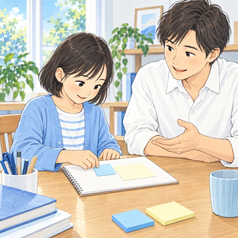子どもがノートの付箋を動かし、次に取り組む範囲を父親と相談する創作場面