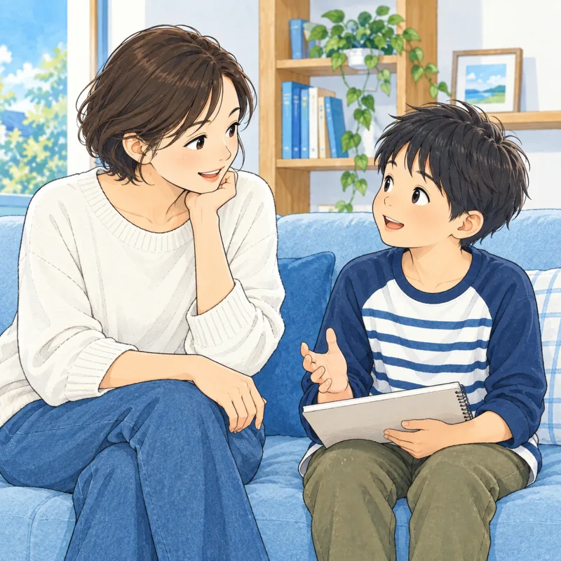 親子が落ち着いた時間に過ごし方を話す創作場面