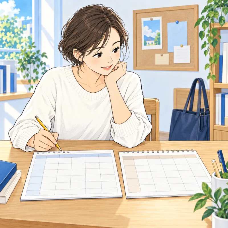 保護者が以前と今の予定を見比べる創作場面