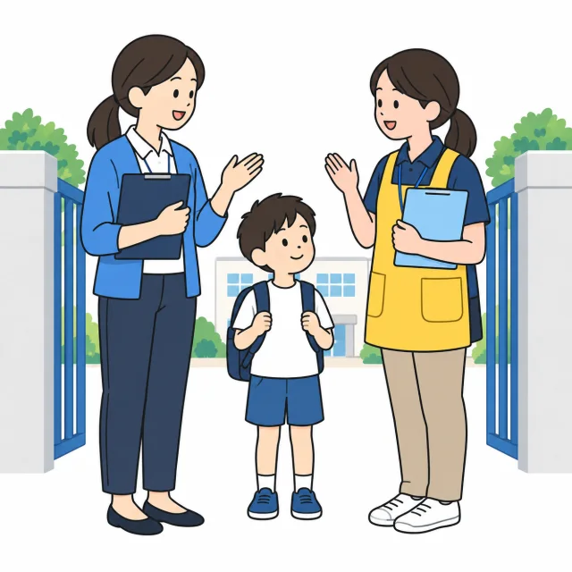 学校の先生と学童スタッフが、子どもの引き渡しを確認する説明用イメージ