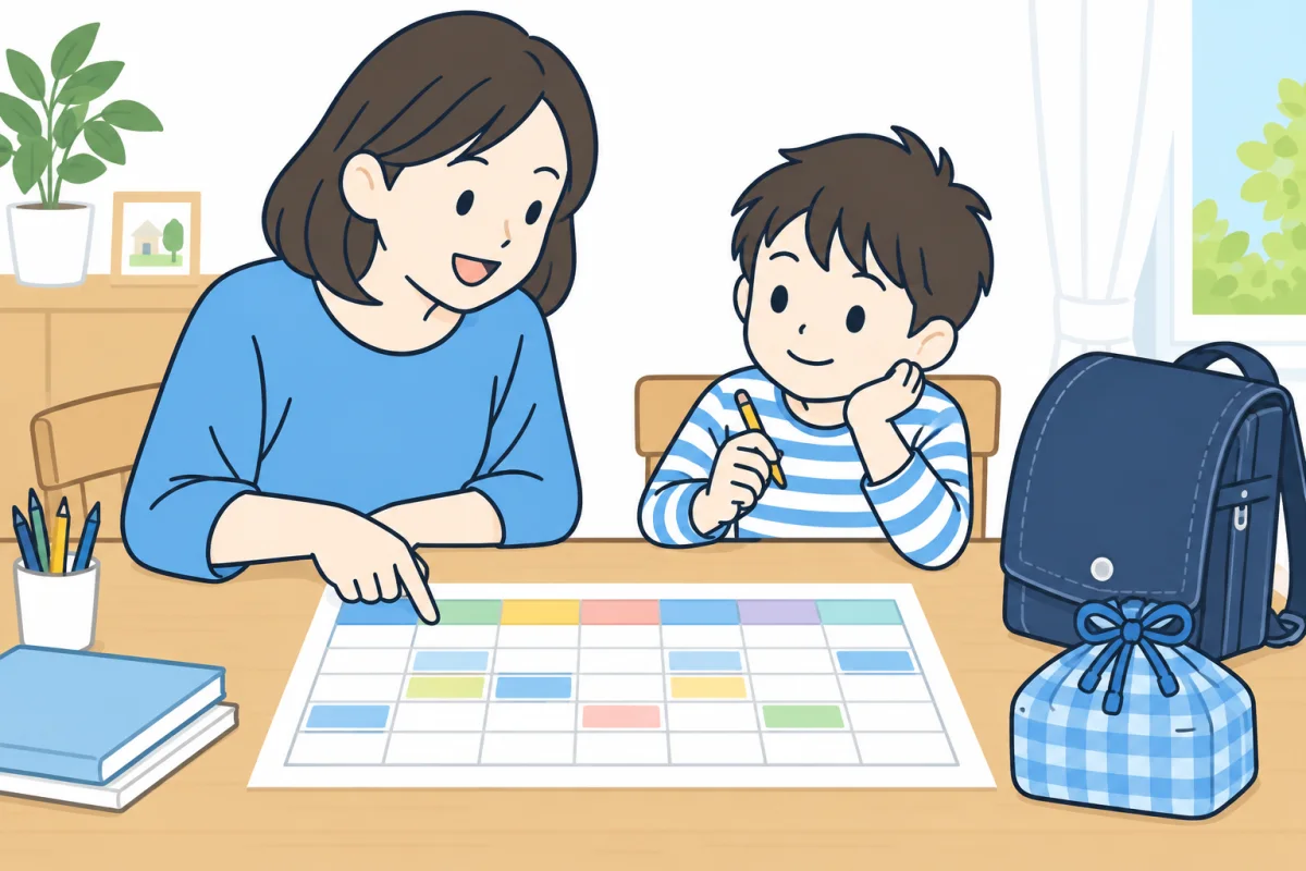 親子で学校の予定と昼食の準備をカレンダーに重ねて確認するイメージ