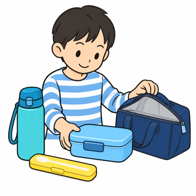 子どもが弁当箱や水筒をバッグへ用意する、昼食準備のイメージ
