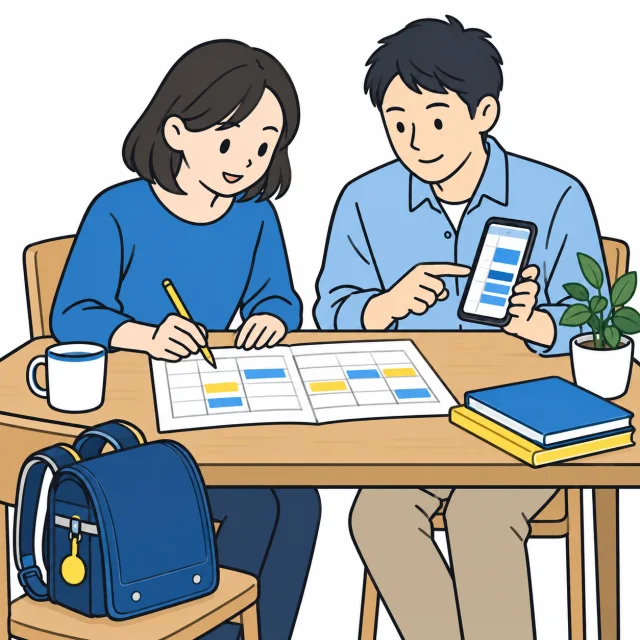 家族が紙の学校予定とスマートフォンを照合し、共有メモを整えるイメージ