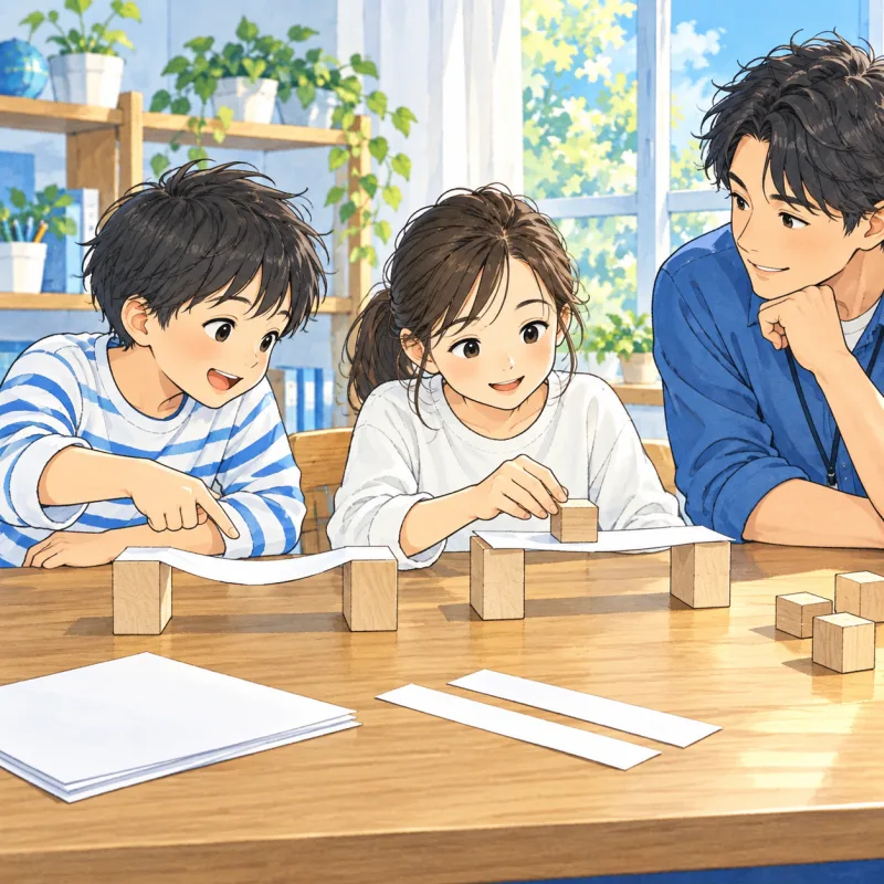 子どもたちが紙の橋の違いを比べスタッフが見守る説明用の創作場面