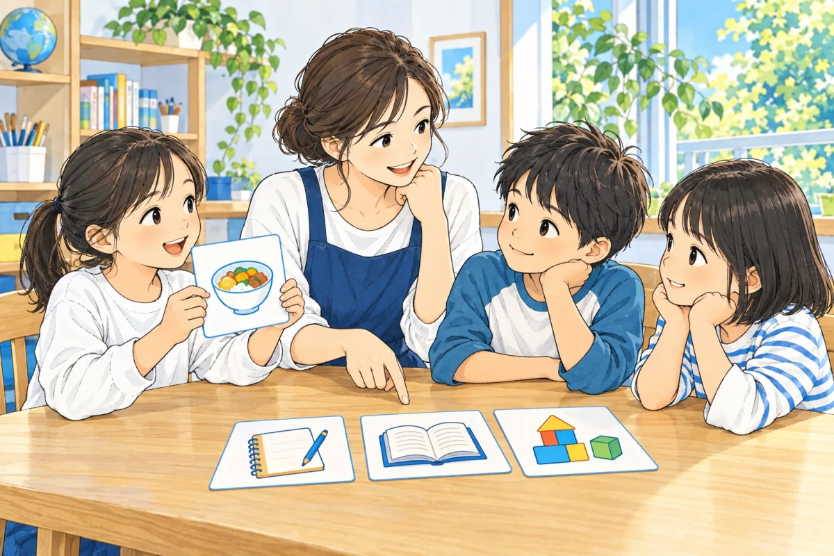 子どもたちとスタッフが絵のカードで長期休暇の過ごし方を考える創作場面