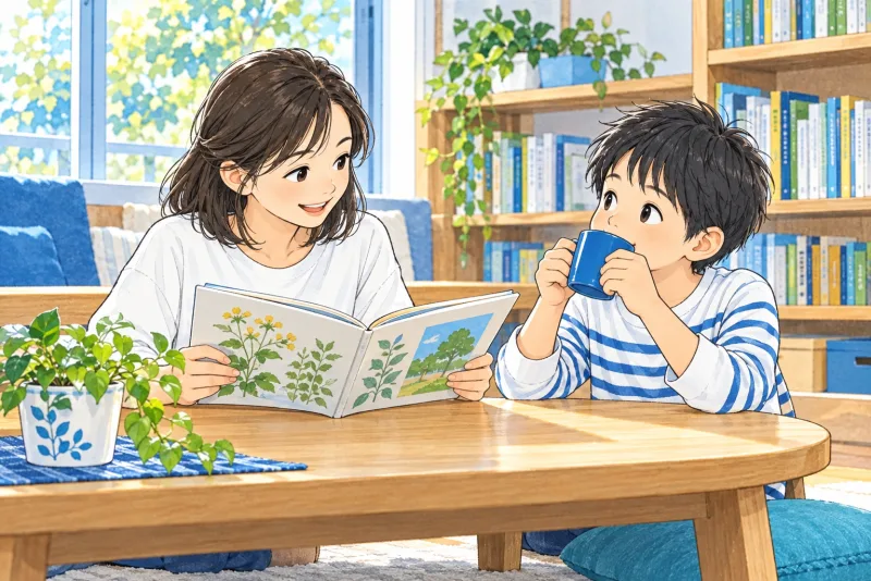 昼のひと息つく時間に本を開く大人と飲み物を手にする子どもの創作場面