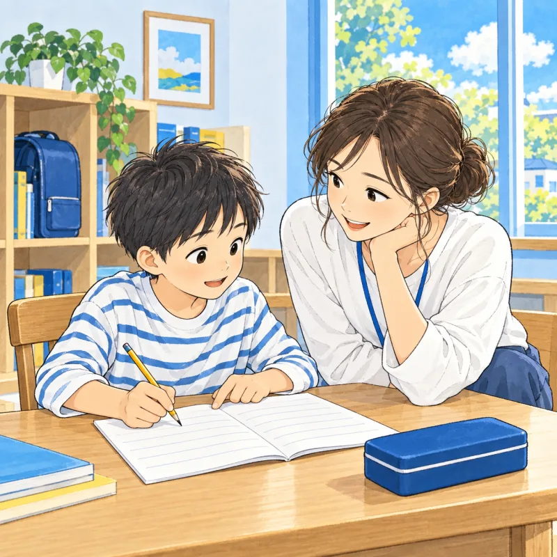 朝の学習で子どもがノートを開きスタッフと話す創作場面