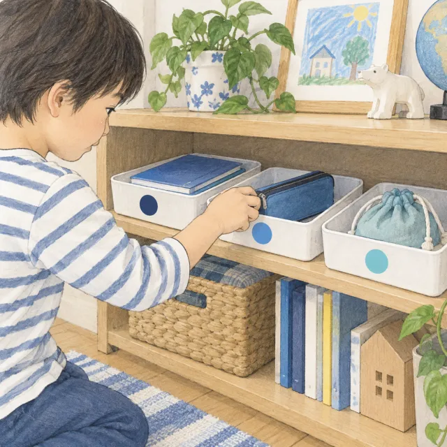 低い棚のトレーに教材や筆箱を分け、目印を付けた収納のイメージ