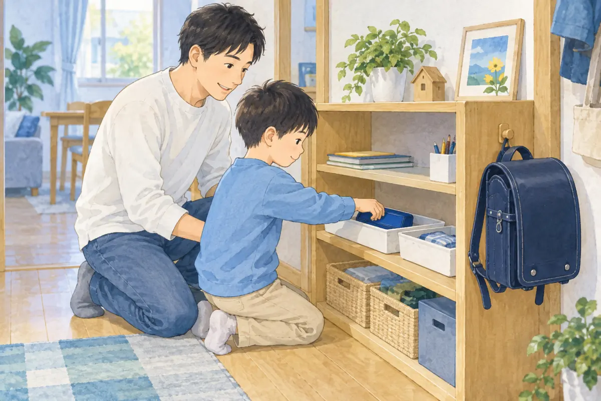 低い棚で筆箱をトレーへ戻し、父親と置き場所を確かめる子どものイメージ