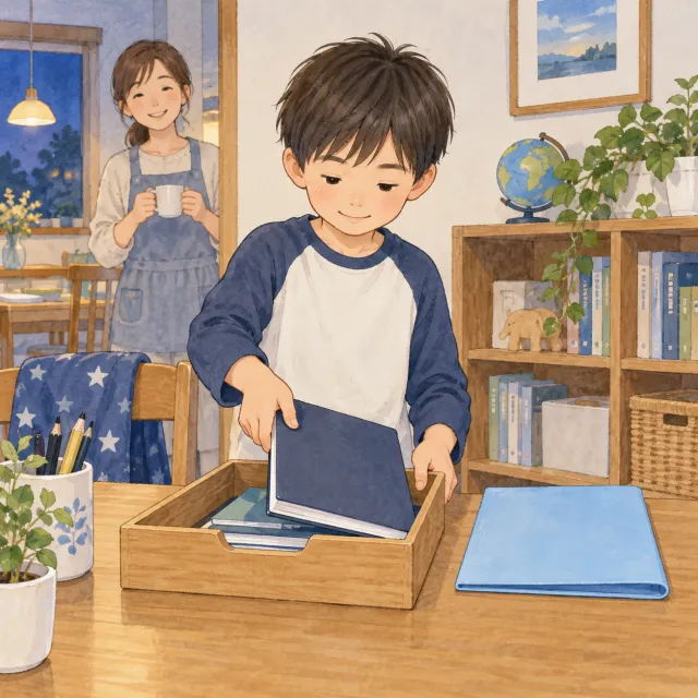 使い終えたノートをトレーに戻し、別のフォルダーと分ける子どものイメージ