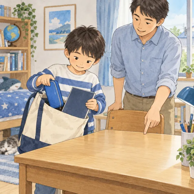 袋からノートと筆箱を出し、空いた机に置こうとする子どものイメージ