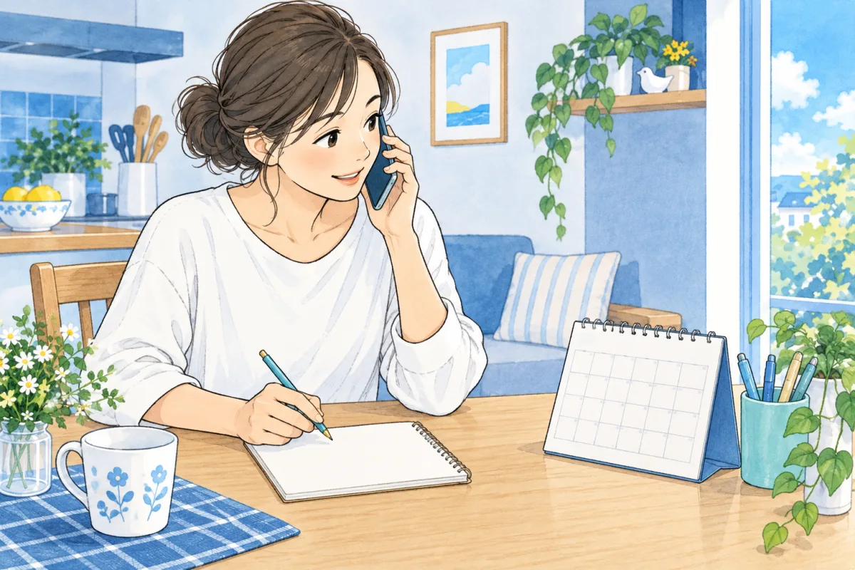 静かな場所で電話し、次の確認についてメモを取る保護者のイメージ