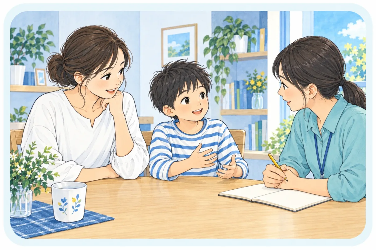 親子とスタッフが同じテーブルで、子どもの話を聞きながら相談するイメージ