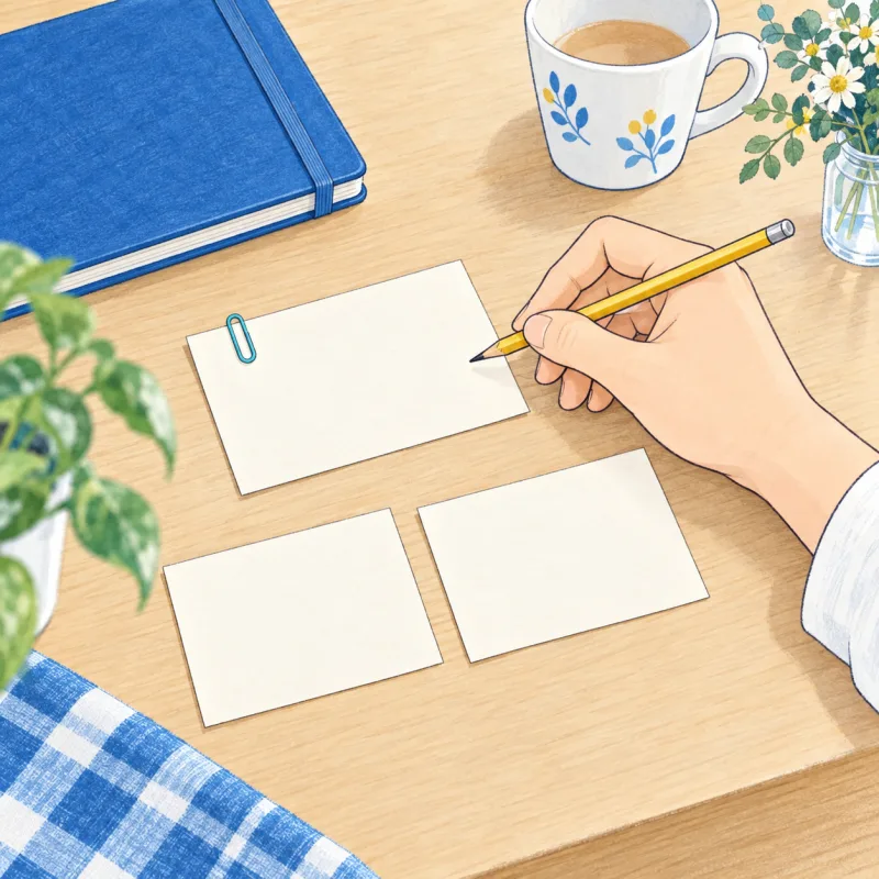 机の上で伝えたいことを少数のメモに整理するイメージ