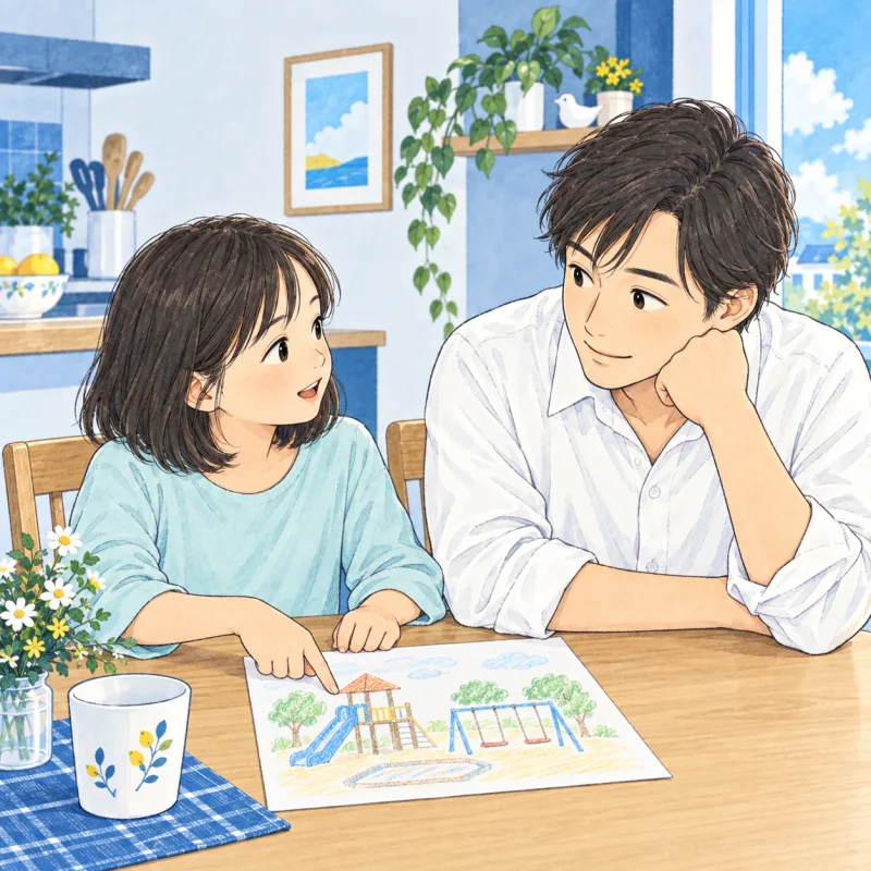 自分の描いた絵を指しながら話す子どもの言葉を、父親が聞くイメージ