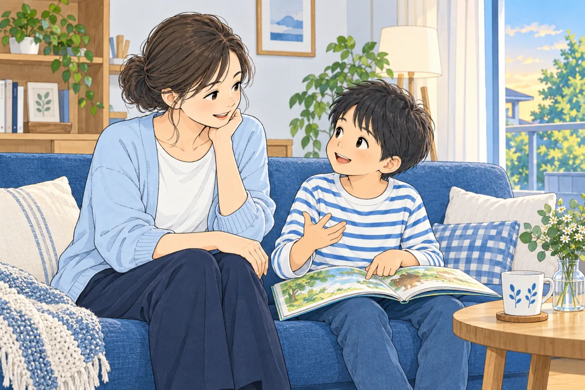 ソファに座り、絵本を手にした子どもの話を聞く保護者の創作場面