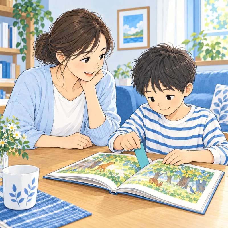 後で続きを話せるよう、絵本にしおりを挟む親子の創作場面