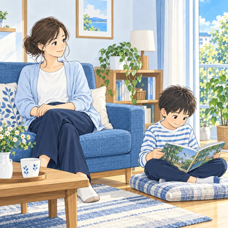 保護者がソファで休み、近くで子どもが本を読む静かな家庭の創作場面