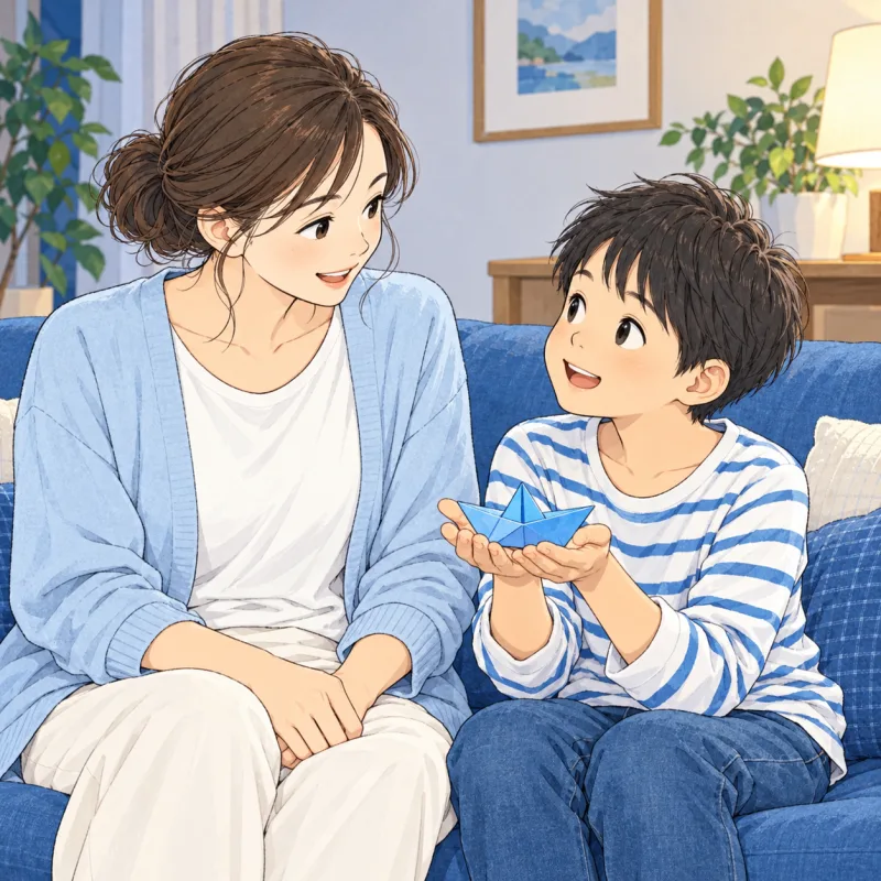 子どもが選んだ一つの話を、座って聞く保護者の創作場面