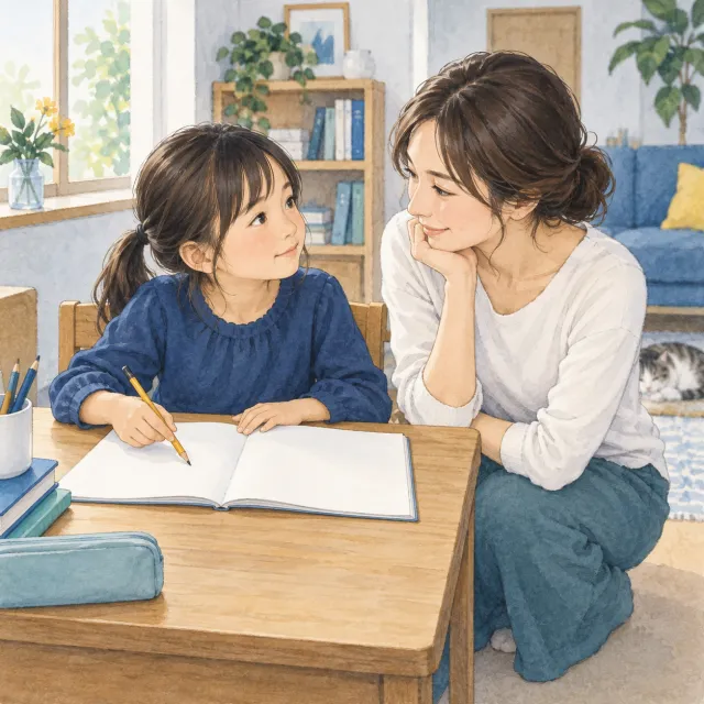 ノートの途中を指し、母親と進み具合を確かめる子どものイメージ