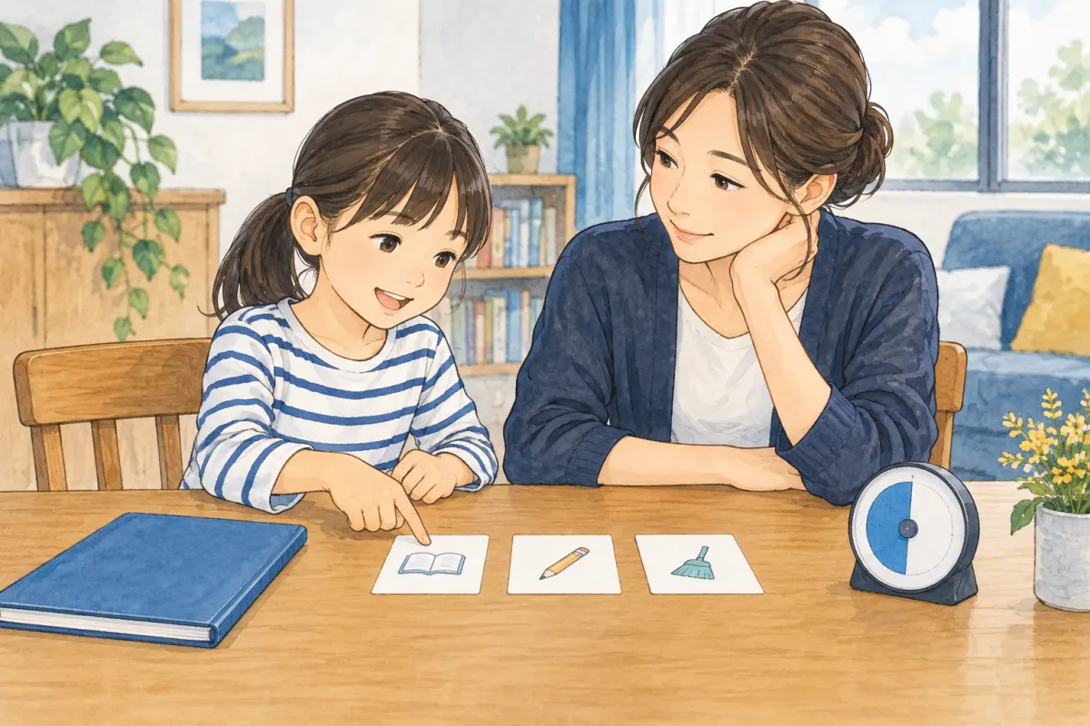 親子でカードを見ながら、最初にすることを選ぶイメージ