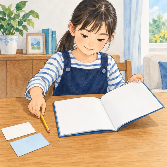 ノートを開き、鉛筆を手元に置いて最初の一歩を始める子どものイメージ