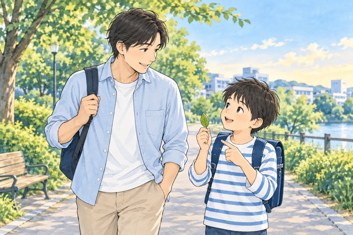 帰り道で見つけた葉について話す子どもと、隣を歩きながら聞く父親のイメージ