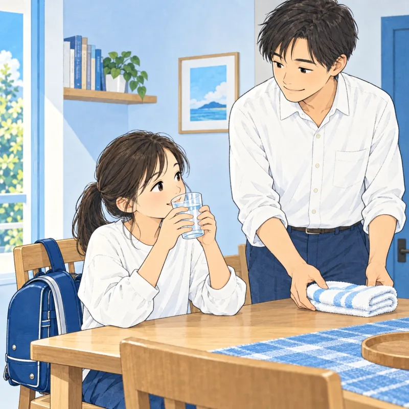 帰宅後に水を飲んでひと息つく子どもと、そばで見守る父親のイメージ