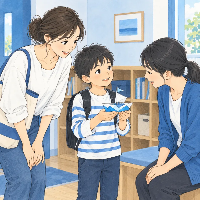 お迎えの場面で作った紙の船を見せる子どもと、話を聞く保護者・スタッフのイメージ