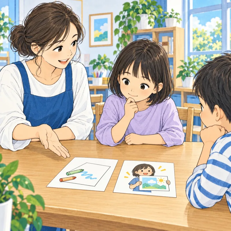 二つの作業の絵を見ながら関わり方を考える女の子とスタッフの創作場面