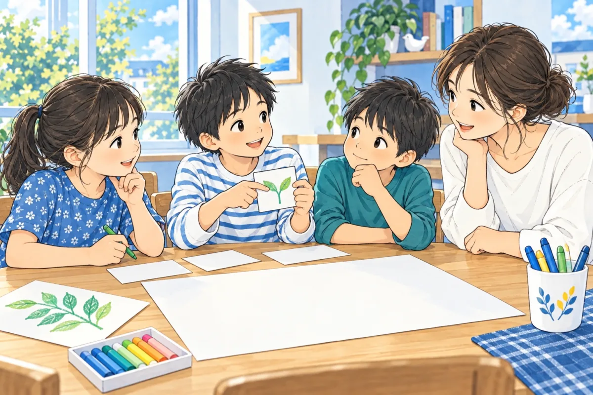 展示づくりの役割を考える三人の子どもとスタッフの創作場面