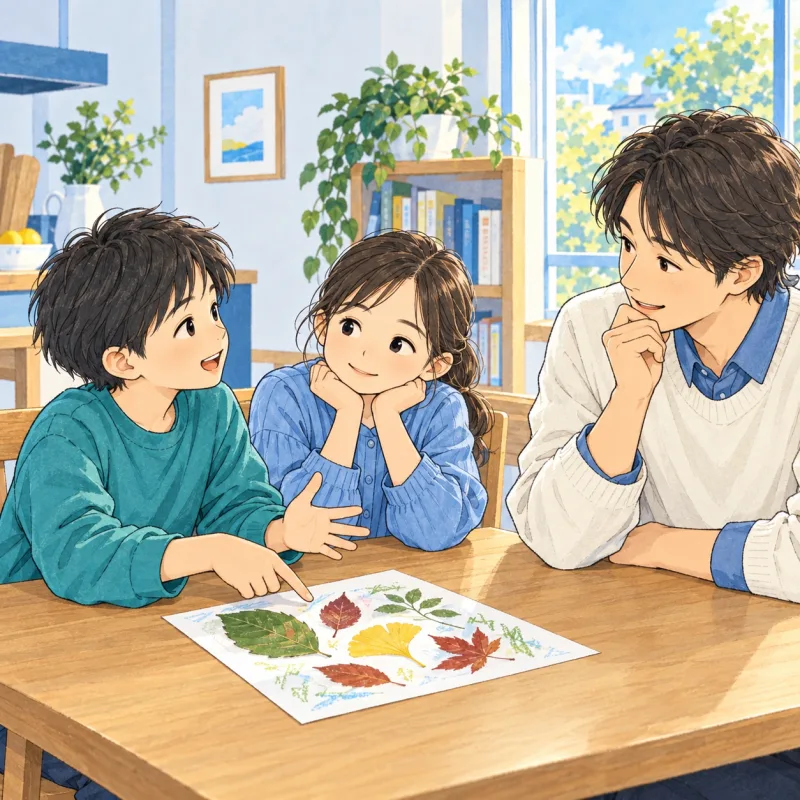 完成した葉っぱの展示を囲み自分が考えたことを話す子どもたちの創作場面