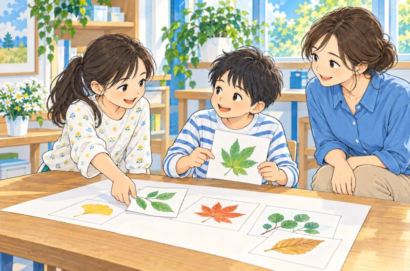 葉っぱの絵の並べ方を子ども同士で考え大人がそばで見守る創作場面