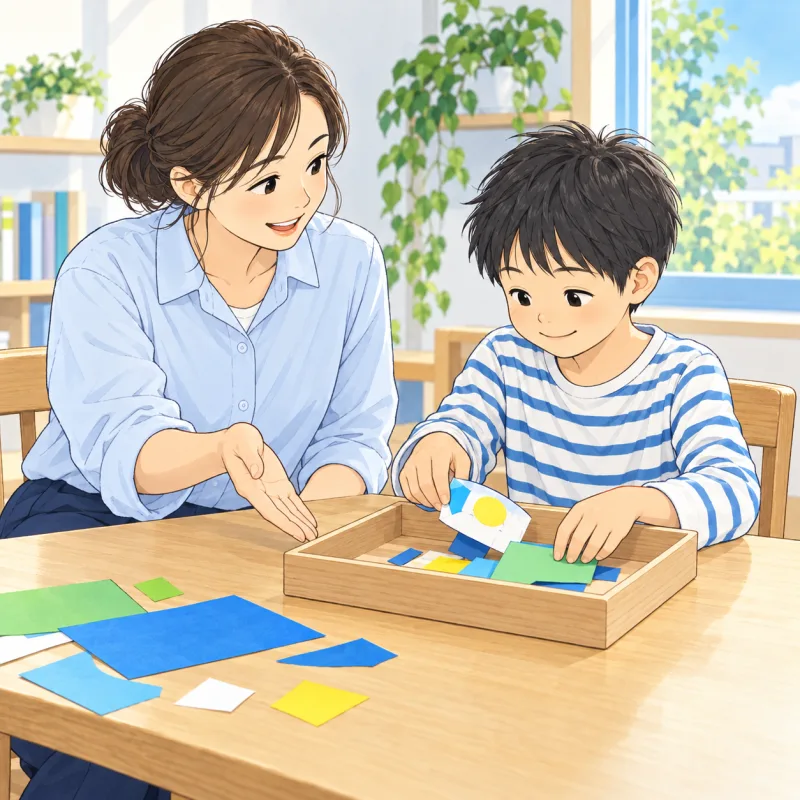 工作をトレーにまとめながら、スタッフと次の予定を確かめる子どもの創作場面