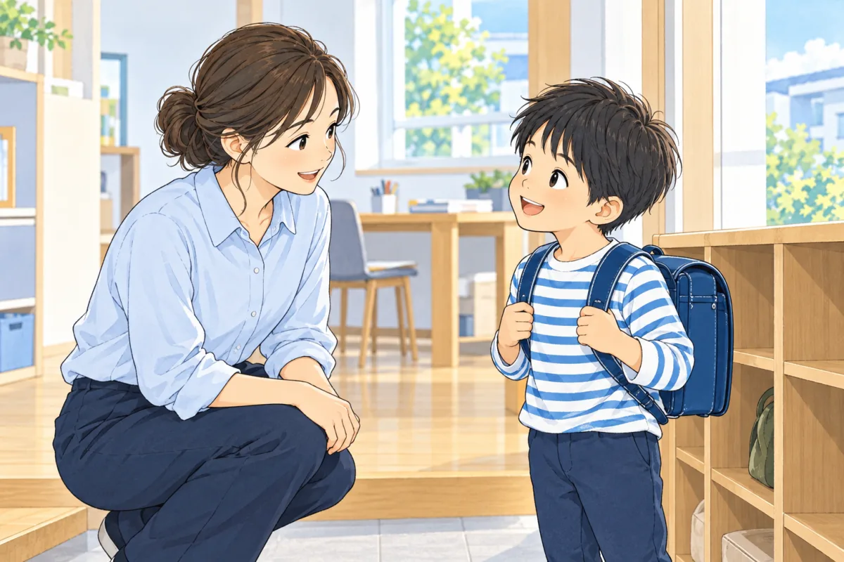 学童に到着した子どもをスタッフが迎える、生活の始まりの創作場面