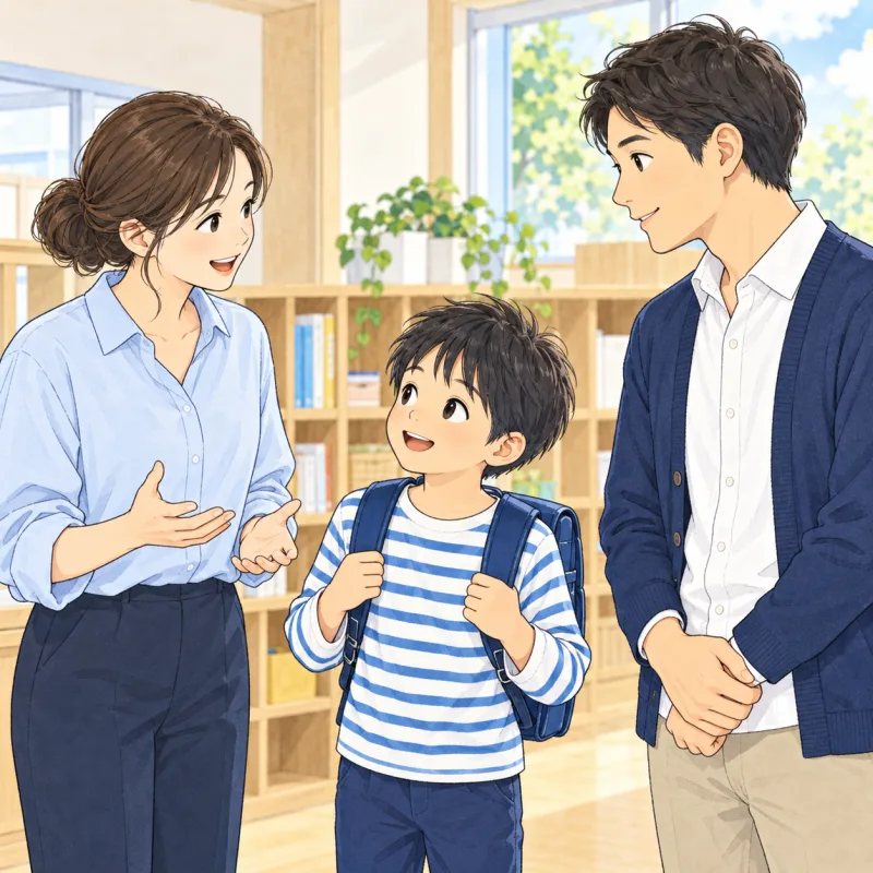 迎えに来た保護者とスタッフが子どものそばで話す、帰宅前の創作場面