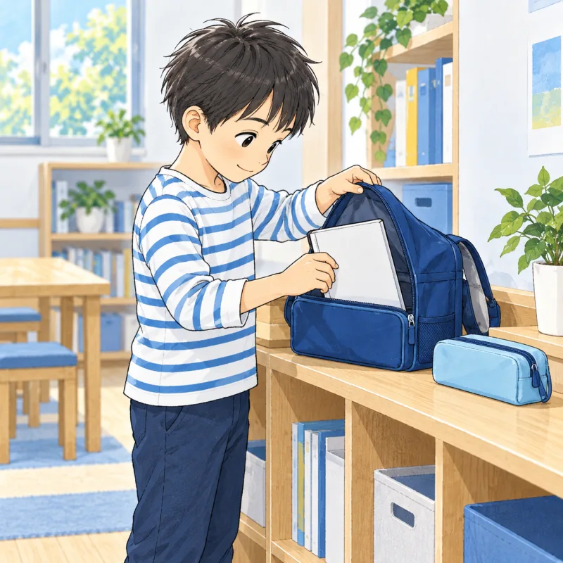 低い収納の前でかばんを開き、ノートを取り出す小学生の創作場面