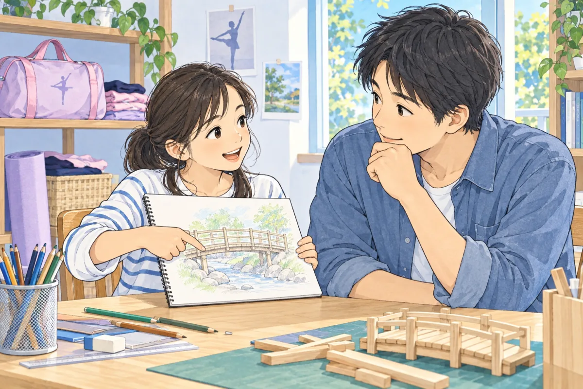新しく気になったものづくりの絵を父親に見せる子どものイメージ