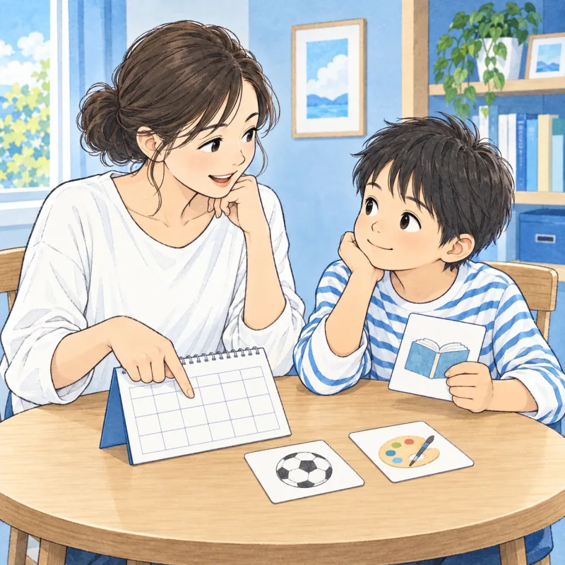 親子が選べる範囲を相談しながら、予定のメモを見るイメージ