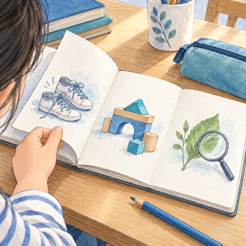 運動靴、つくる遊び、自然観察の絵を並べた興味の記録のイメージ